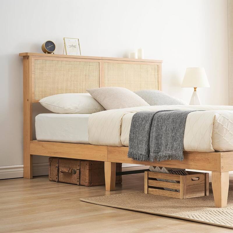 Rattan Platform Bed Frame with Boho Headboard, LED Lights, Solid Wood Foundation, No Box Spring Needed