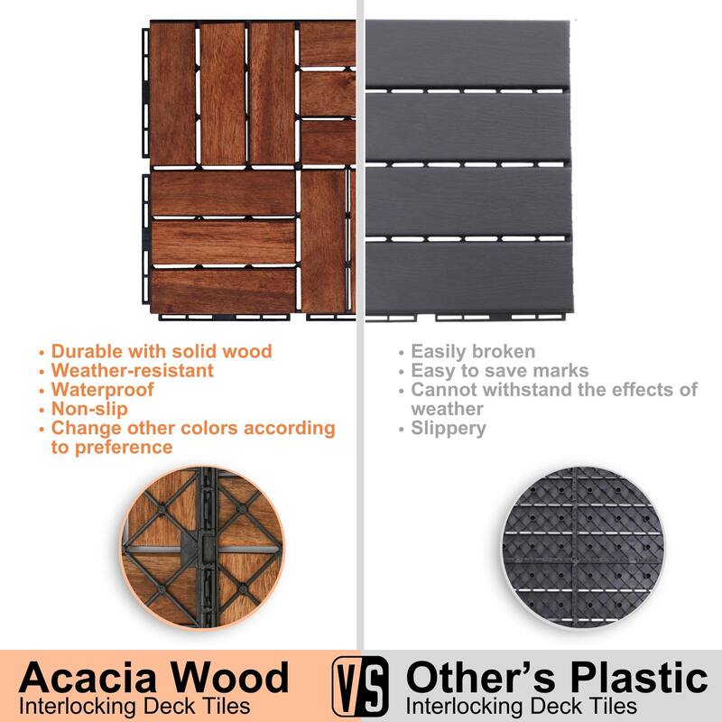 Acacia Wood Interlocking Deck Tiles Checker Pattern, 10PCS 12" x 12" Square Brown Acacia Hardwood Outdoor Flooring for Patio