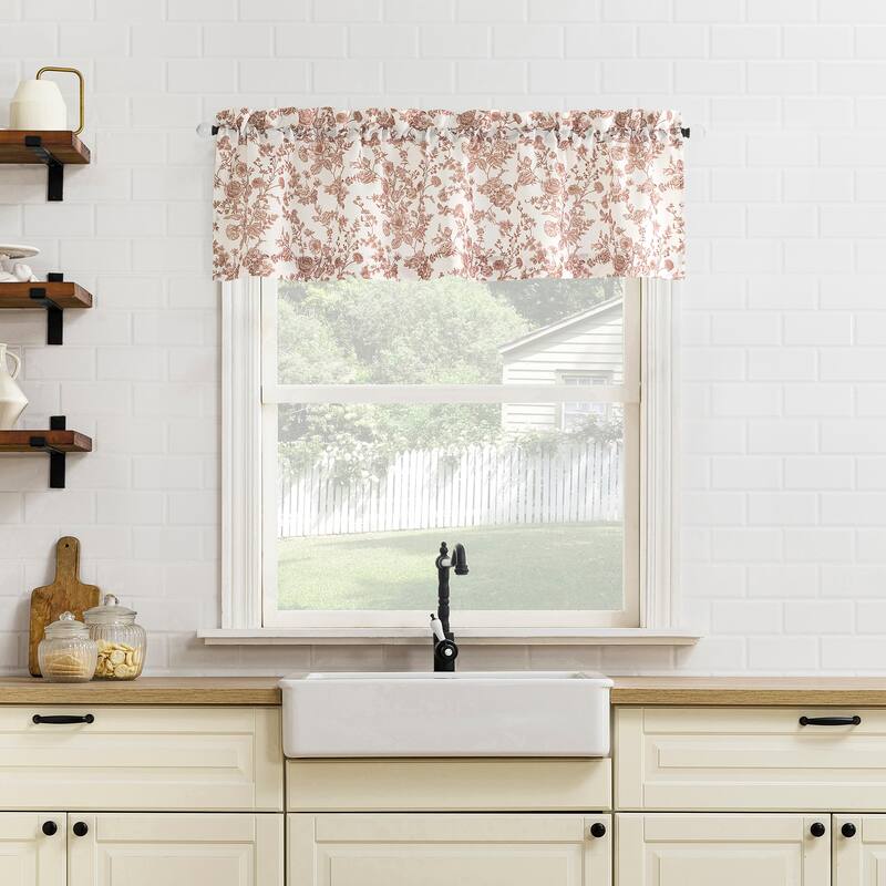No. 918 Elara 2-pack Tonal Botanical Semi-Sheer Rod Pocket 2-Piece Kitchen Curtain Tier Pair