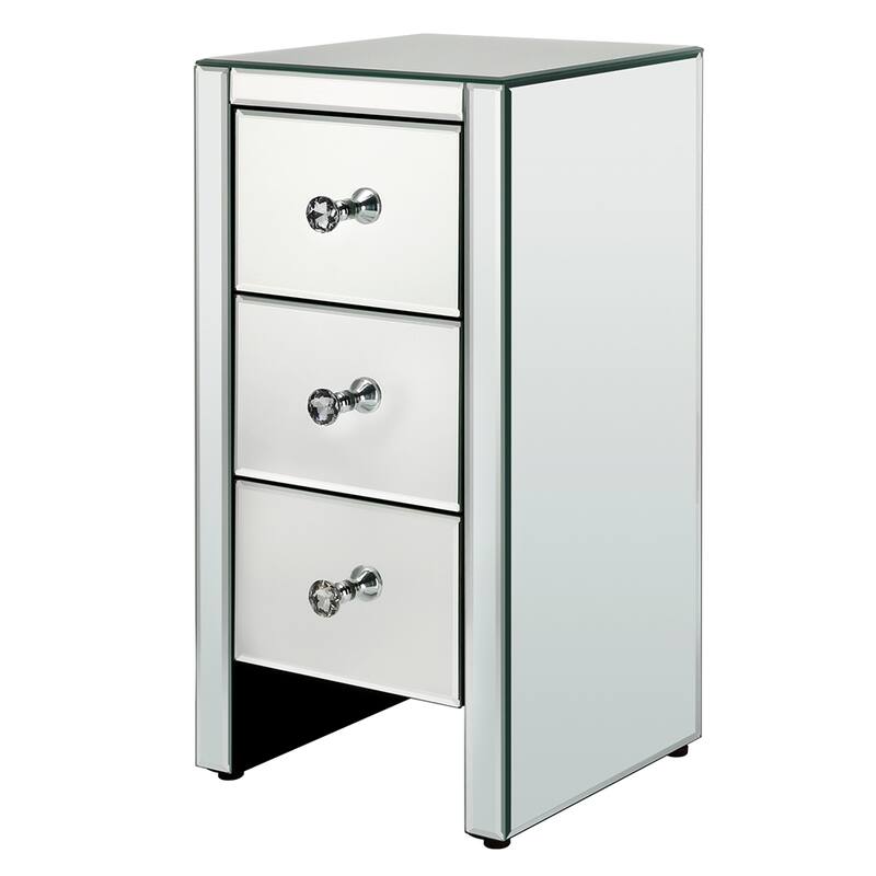 Mirrored Glass Nightstand with Three Drawers - Sliver