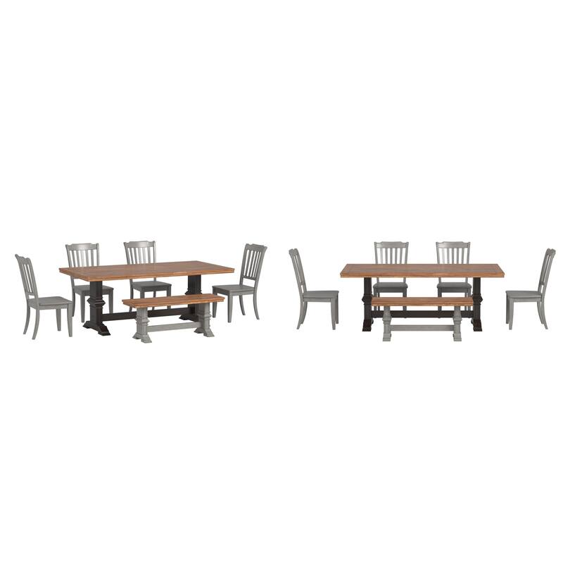 Ronda 78" Rectangular Solid Wood Top Dining Set with Spindle Back Chairs - Antique Black Table - Antique Grey Chairs and Bench