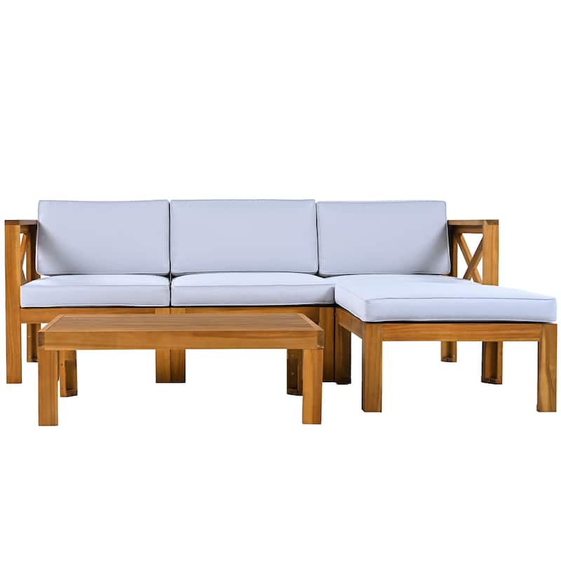 5 Piece Outdoor Patio Furniture Set, All Weather Outdoor Conversation Set, Wooden Sectional Sofa Set with Coffee Table