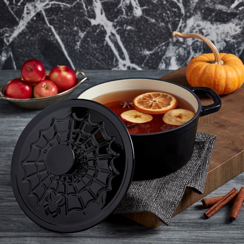 3QT Enamel Cast Iron Covered Cast Iron w/ Spiderweb embossed lid