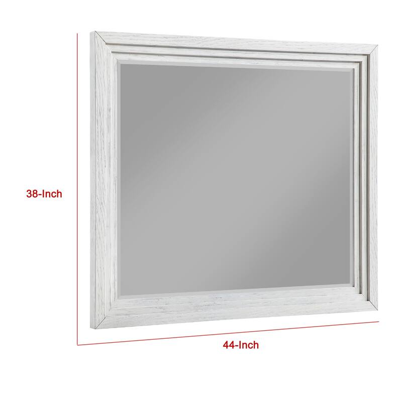 Leva Dresser Mirror, Distressed White Wood, Beveled Glass, 38 Inch - Distressed White
