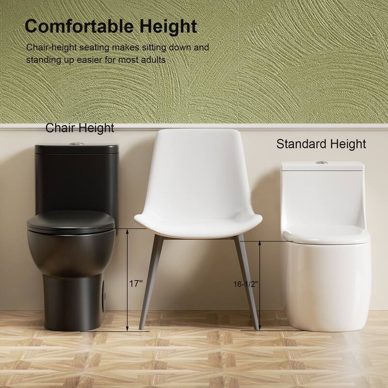 One Piece Tornado Flush Toilet ADA Height 17 Inch. Dual Flush 1.1 1.6 GPF. Rimless Bowl. Soft Close Seat