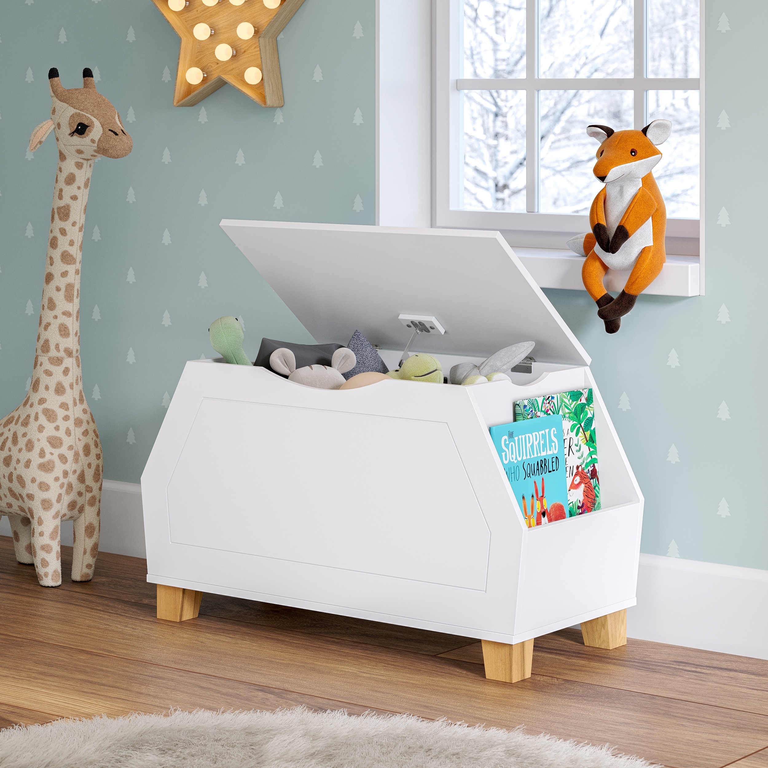 RiverRidge Kids Playroom Catch-All Game and Toy Storage Organizer Box with Side Bookshelves - White
