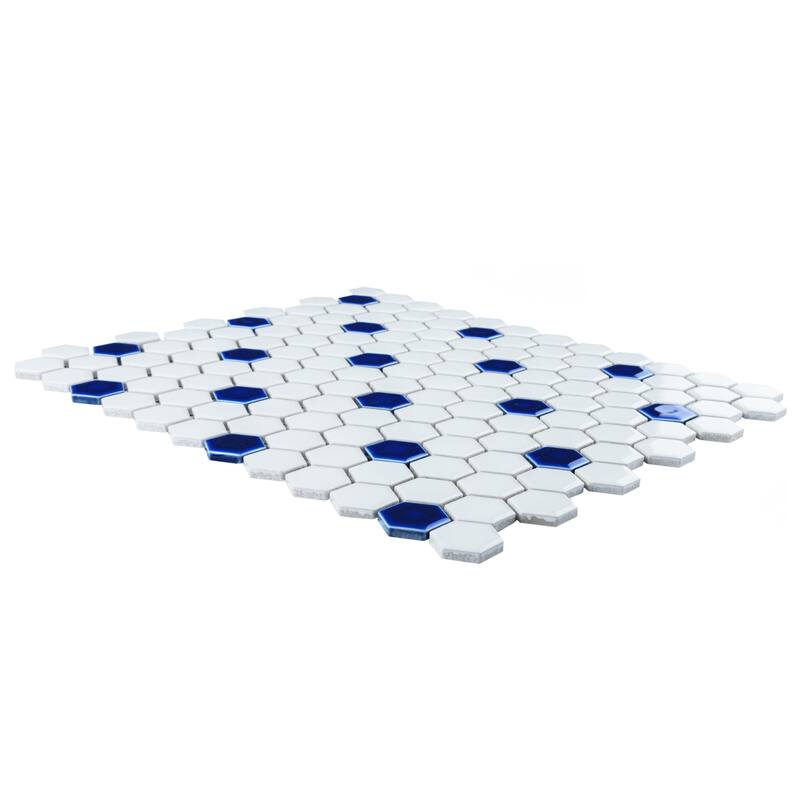 Merola Tile Metro Ion 1" Hex Sapphire Dot w/Glossy White 10-1/4" x 11-7/8" Porcelain Mosaic Floor and Wall Tile