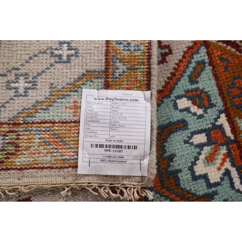 Geometric Kazak Indian Runner Rug Hallway Handmade Wool Carpet - 2'6"x 10'3"