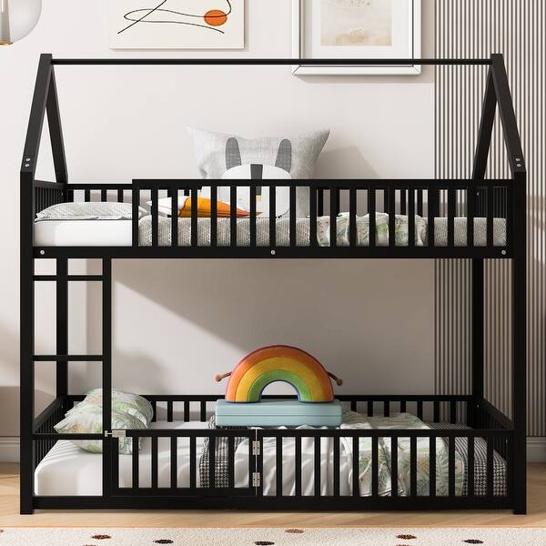 slide 2 of 20, Twin Over Twin Metal Floor Bunk Bed with Safety Guardrails and Roof Design for Kids, House Shaped Bunk Bed Frame Black - Twin