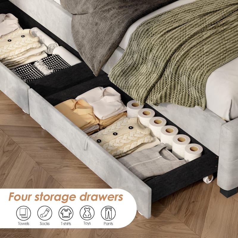 Upholstered Platform Bed, Velvet Fabric Storage Bed Frame with 4 Drawers and LED Headboard, No Box Spring Needed