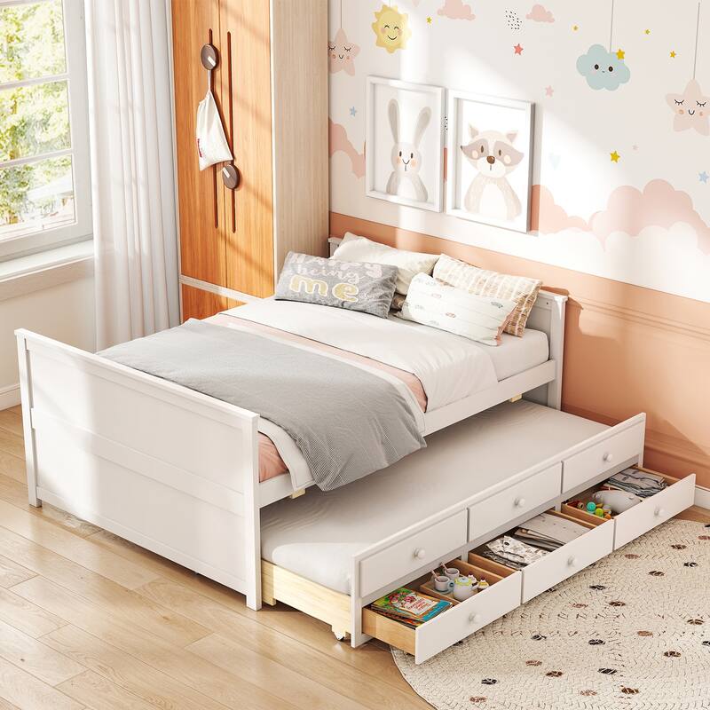 Gymax Full Size Bed Frame w/ Twin Trundle & 3 Storage Drawers