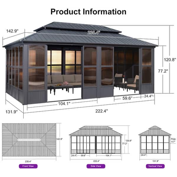 dimension image slide 4 of 9, PURPLE LEAF Double Top Outdoor Sunroom Screen House Patio Hardtop Gazebo