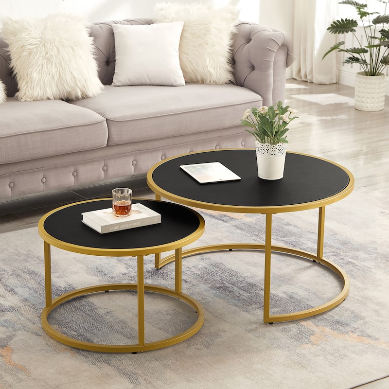 Modern Faux Leather Nesting Coffee Tables, Round Accent Tea Table Set of 2 with Gold Metal Base for Living Room - Black