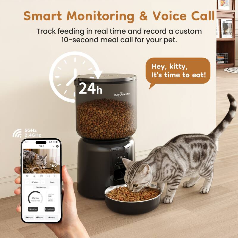 Smart Automatic Pet Feeder with HD Camera, WiFi App Control, Dual Power Supply & Voice Recording for Cats and Small Dogs, Black
