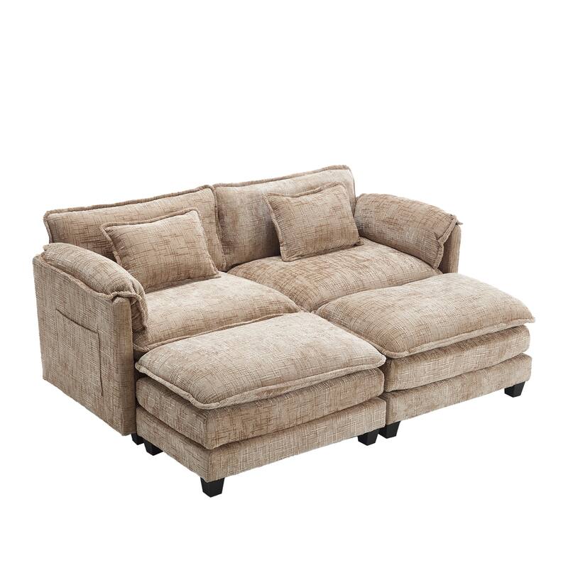 Chenille Sleeper Sofa Bed Deep Seat Loveseat Sectional Couch with Ottomans Chaise Lounge, Detachable Armrests and Side Pockets
