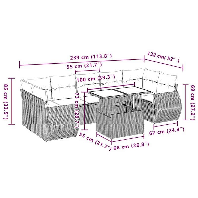 vidaXL Patio Sofa Set with Cushions and Table Outdoor 8 Piece Poly Rattan - 24.4 x 24.4 x 27.2