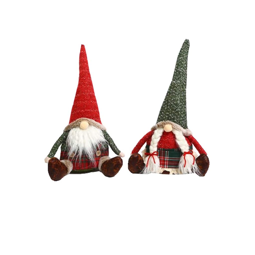 Set of 2 Red and Green Plaid Country Christmas Gnomes 9"