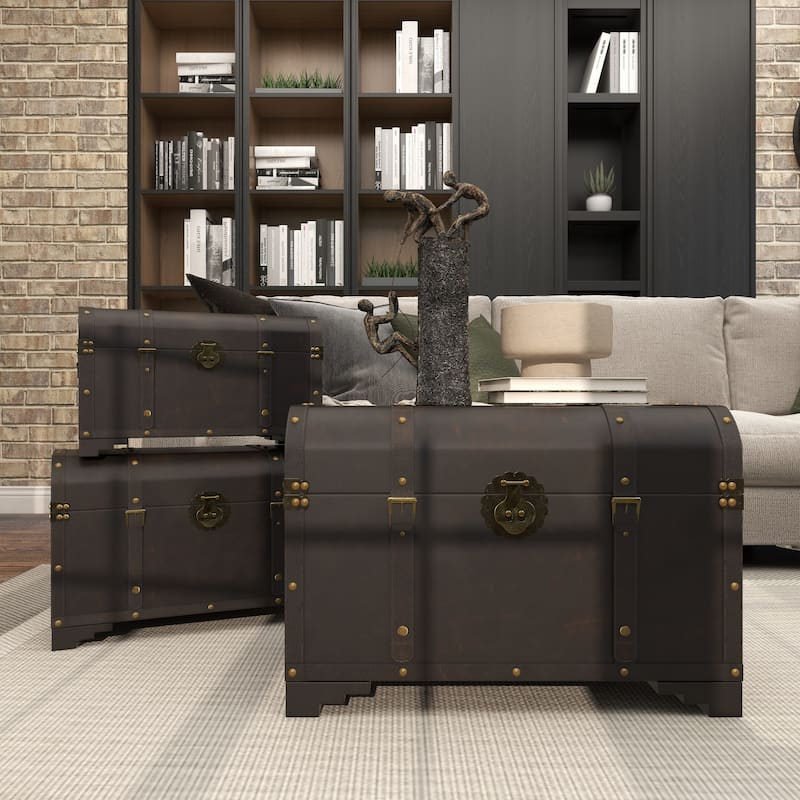 Wooden Nesting Upholstered Trunk with Vintage Accents and Studs - Set of 3 Brown - Roche River Decor - 16"Wx28"Lx19"H