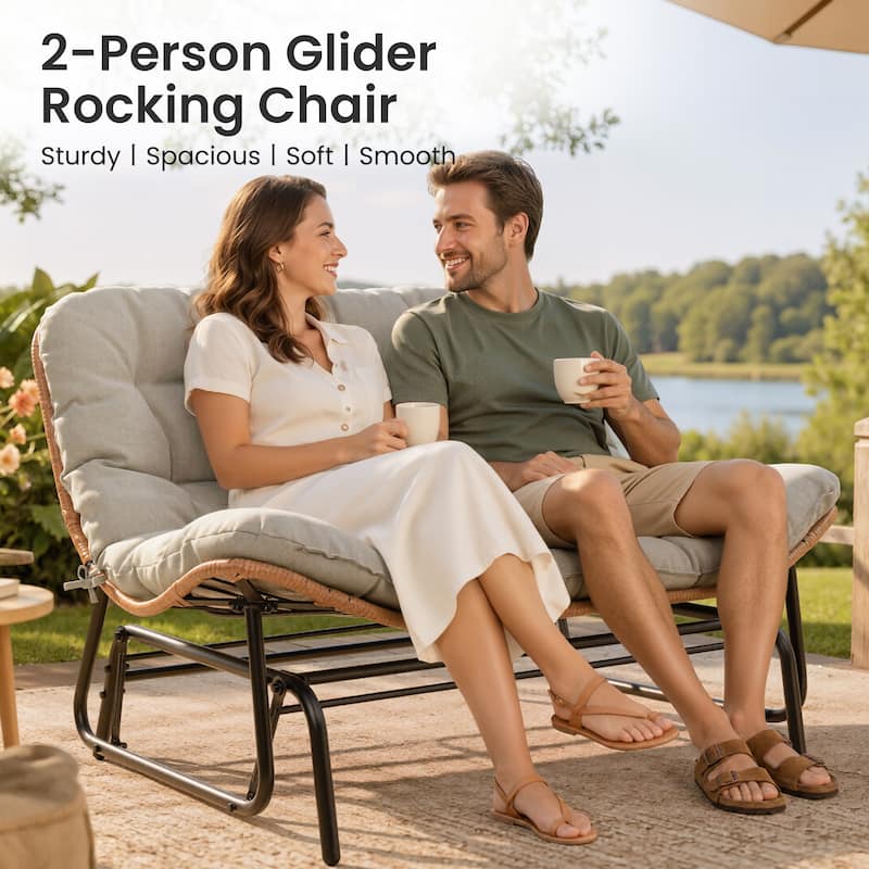 Oversized 2-Person Outdoor Glider Rocking Chair Bench Double Papasan Chair Loveseat with Cushion
