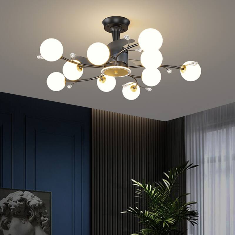 Ceiling Fan with Milky Glass Globe Shade, Modern Low Profile Reversible Fandelier for Bedroom