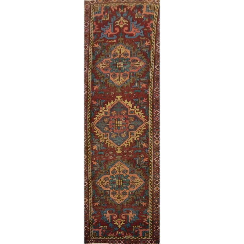Hand Knotted Oriental 100% Wool Carpet Traditional Medallion Red Heriz Runner Rug - 10' 10'' X 2' 11''