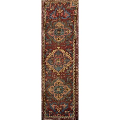 Hand Knotted Oriental 100% Wool Carpet Traditional Medallion Red Heriz Runner Rug - 10' 10'' X 2' 11''