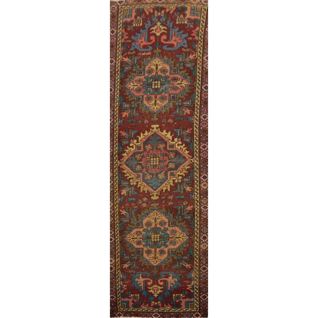 Hand Knotted Oriental 100% Wool Carpet Traditional Medallion Red Heriz Runner Rug - 10' 10'' X 2' 11''