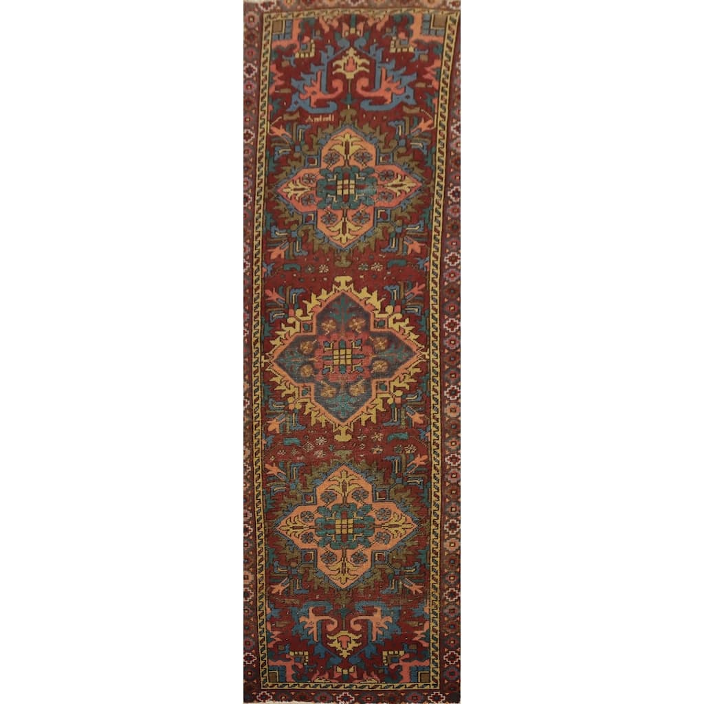 Hand Knotted Oriental 100% Wool Carpet Traditional Medallion Red Heriz Runner Rug - 10' 10'' X 2' 11''