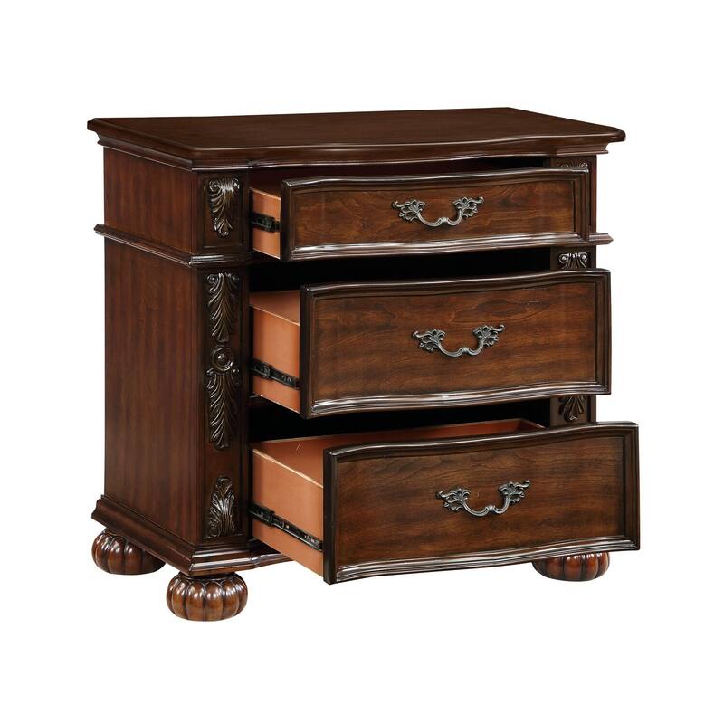 Cherry Brown 3 Drawer 18.5 in. W Nightstand with Leaf Carving Design