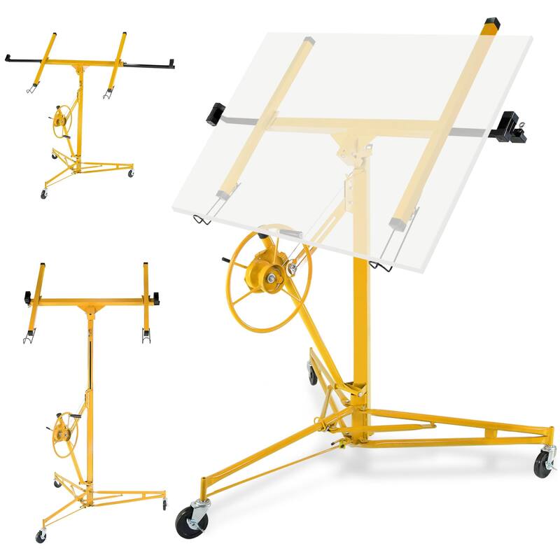 Drywall Lift 11FT, 150lb Capacity Heavy Duty Sheetrock Hoist w/Telescopic Arm & Locking Wheels, Steel Panel Lifter - yellow