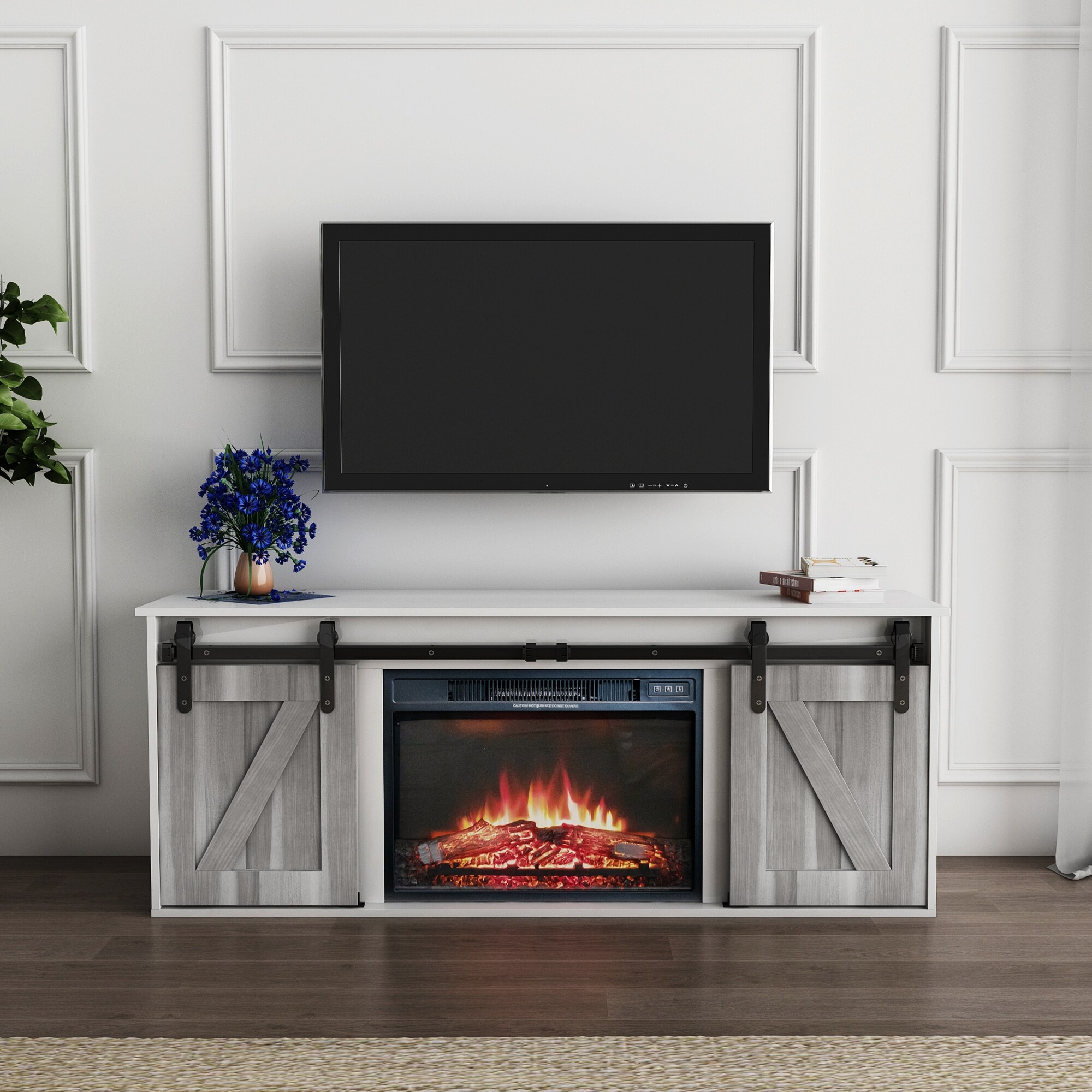 Tv stand with fireplace shop and sliding barn doors