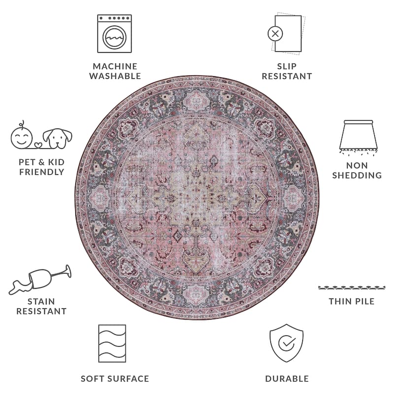 SAFAVIEH Tucson Machine Washable Slip Resistant Jeanne Traditional Rug - 6' Round - Pink/Beige