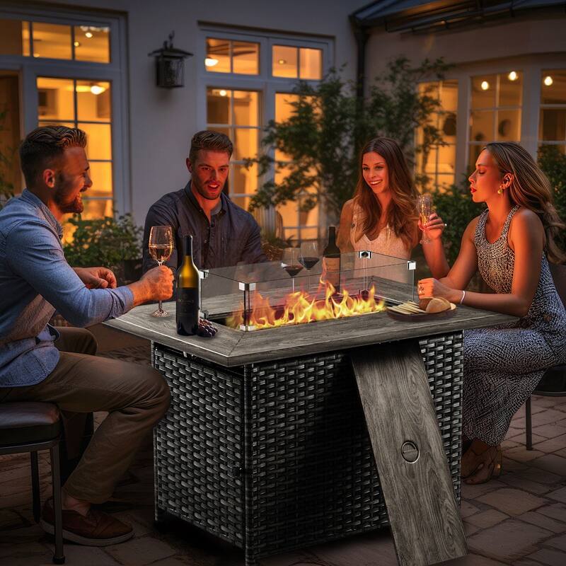 Outdoor Propane Fire Pit Table - 55000 BTU, Adjustable Flames with Wind Guard - Rectangle