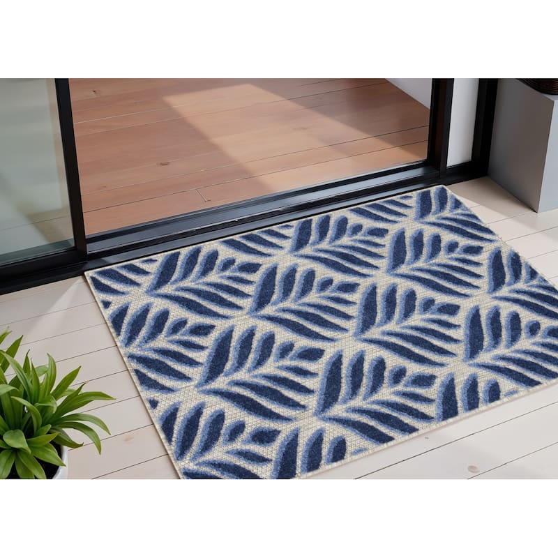 Alvami Graceful Floral Uv-Resistant Sleek Contemporary Outdoor Rug - 3' X 4' - 3' X 4' - Blue