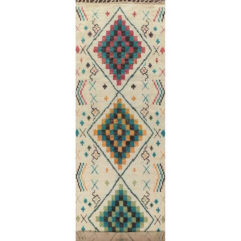 Geometric Moroccan Oriental Wool Runner Rug Handmade Staircase Carpet - 4'0" x 17'11"