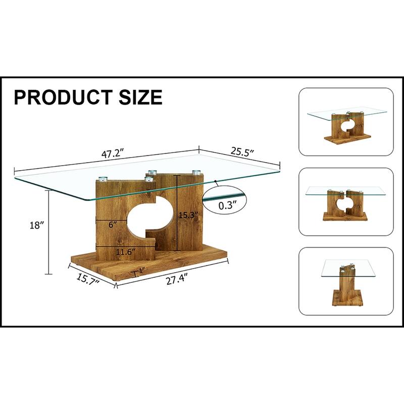 Rectangular Coffee Table with Tempered Glass Tabletop and White MDF Legs