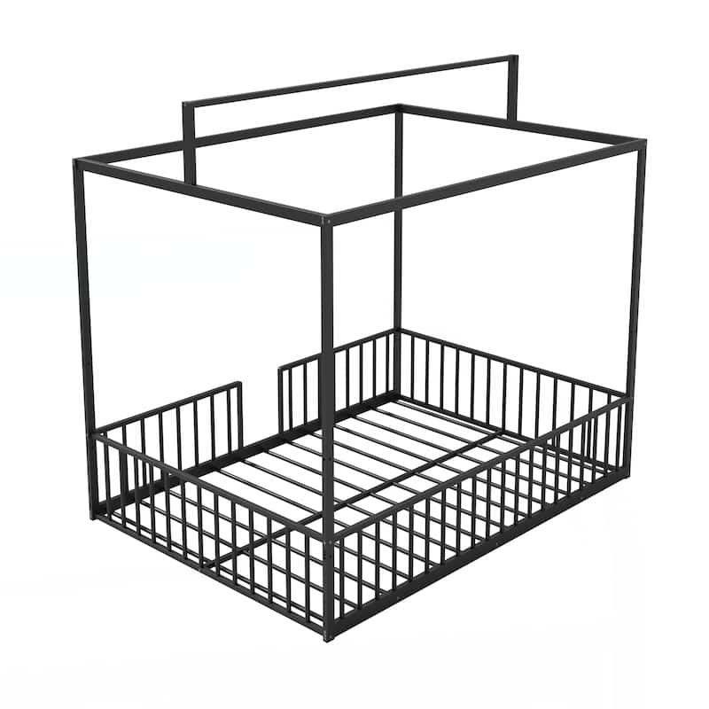 3-in-1 Convertible Montessori Metal floor bed,Modern Minimalist Design Canopy Platform Bed Funland