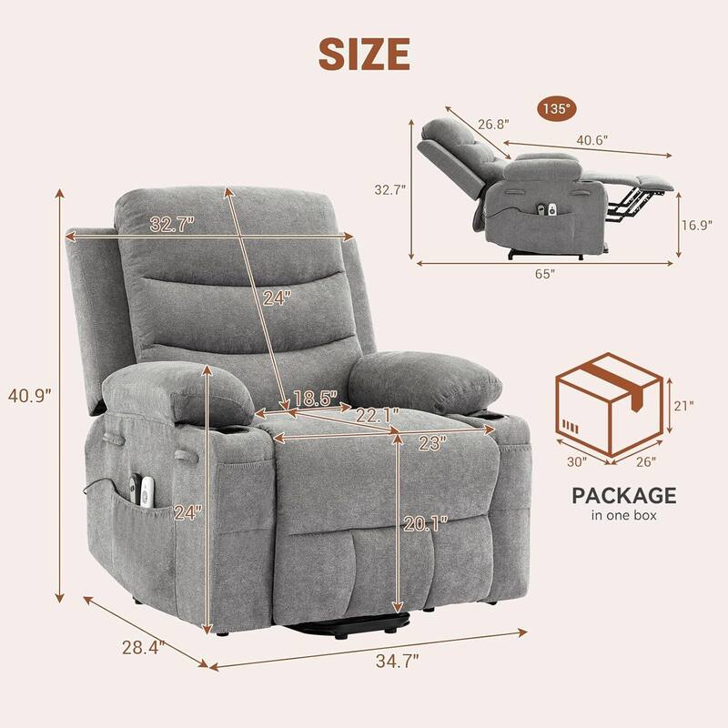 Power Lift Recliner Chair, with Massage & Heat, 135° Recline