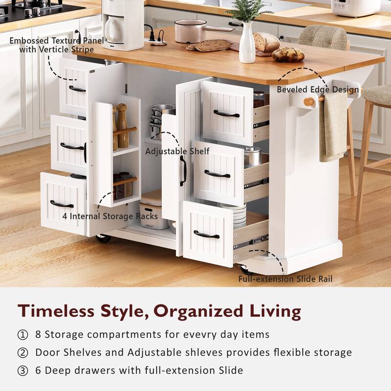Farmhouse Kitchen Island with 6 Drawers, 4 Interior Storage Shelves, Electrical Outlets, Spice and Towel Racks, for Kitchen