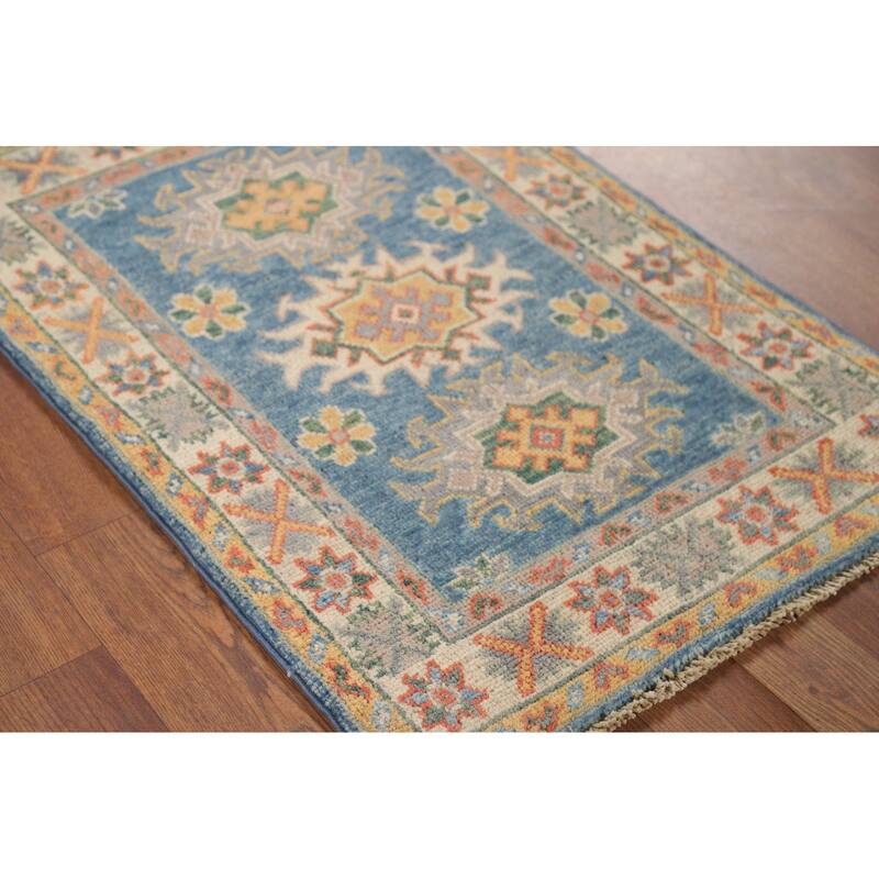 Hand Knotted Oriental 100% Wool Carpet Traditional Geometric Navy Blue & Blues Kazak Area Rug - 2' 10'' X 1' 11''