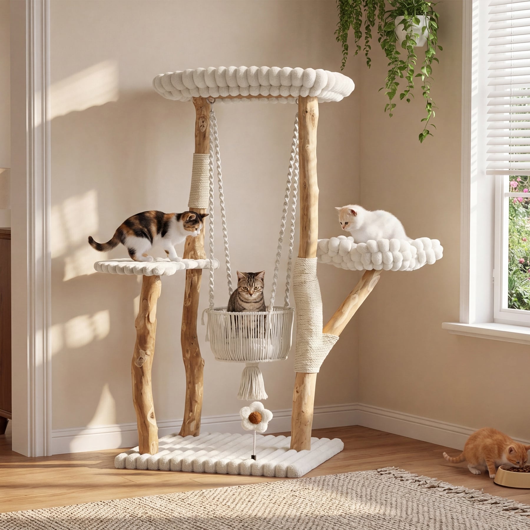 52 Inch Tall Solid Wood Cat Tree, Cat Tower with Swinging Basket, Washable Cushion