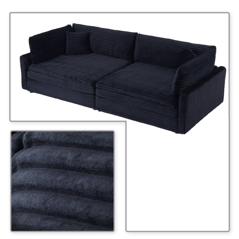 Classic Stylish Corduroy Fabric Upholstered Three-Seater Sofa with Two Throw Pillows