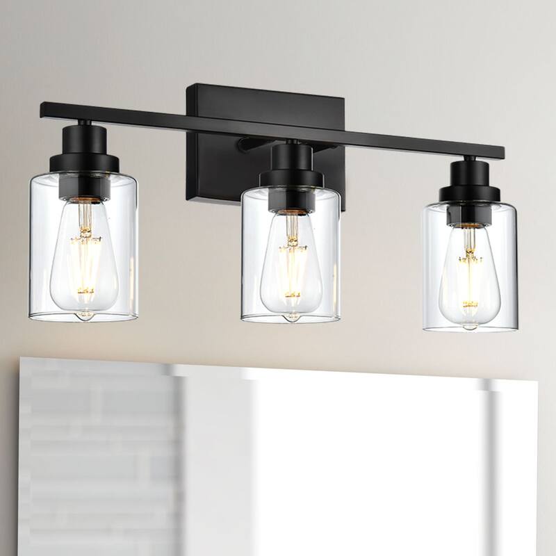 3-Light Wall Light Black Bathroom Vanity Lights, E26 Modern Bathroom Light Fixtures with Clear Glass Shade, Sconces Wall Lights
