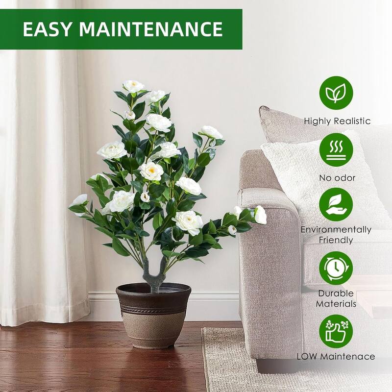 35.4" Artificial Topiary Flower with Ground Spike Set of 2,Artificial Trees with Camellia Flowers