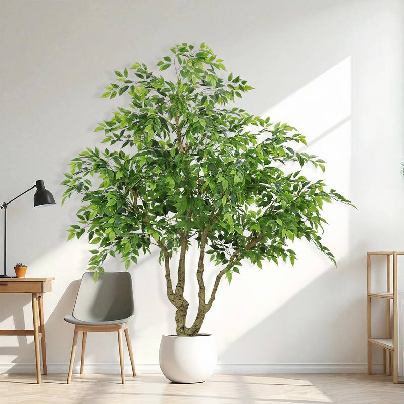 7ft Tall Artificial Banyan Tree With Natural Trunk And Realistic Silk Leaves, Large Imitation Potted Green Plant, 1pc/Set