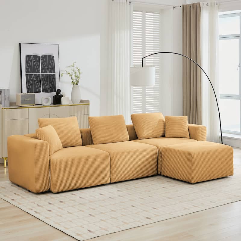Corduroy Sectional Modular Sofa with Square Arms & Ottoman Extension for Flexible Arrangements