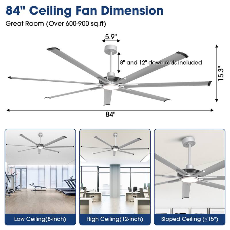 84" Silver Aluminum Extra Large Integrated LED Ceiling Fan with Light and Remote