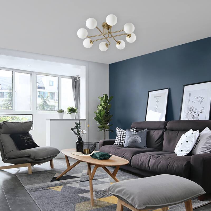 Retro - Modern Sputnik 8 - Light Semi - Flush Ceiling Light with Frosted Glass Spheres