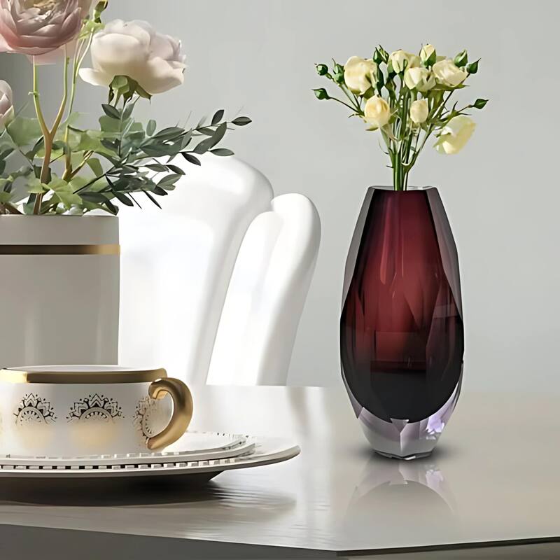 Elegant Plum Cut Glass Vase with Faceted Base Modern Decor Accent Art