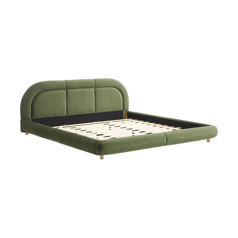 King Size Velvet Upholstered Platform Bed with Curved Headboard